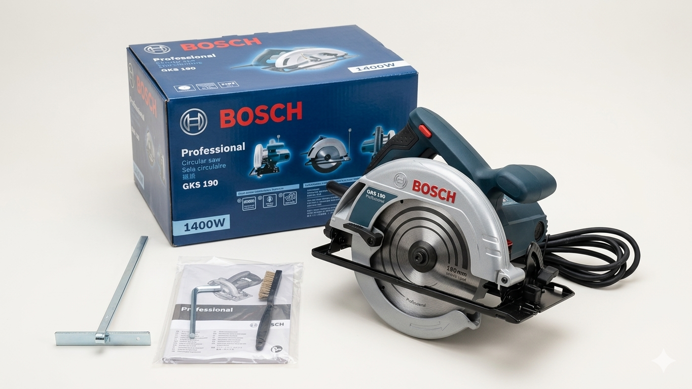Bosch 7" circular saw - equipped with a 1400W motor,  offers versatility for different types of cuts, including rip cuts, crosscuts, and bevel cuts.