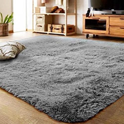 CLEARANCE OFFER Wool Fluffy Area Rug - Soft Grey Non-Slip Carpet 5x8 ft