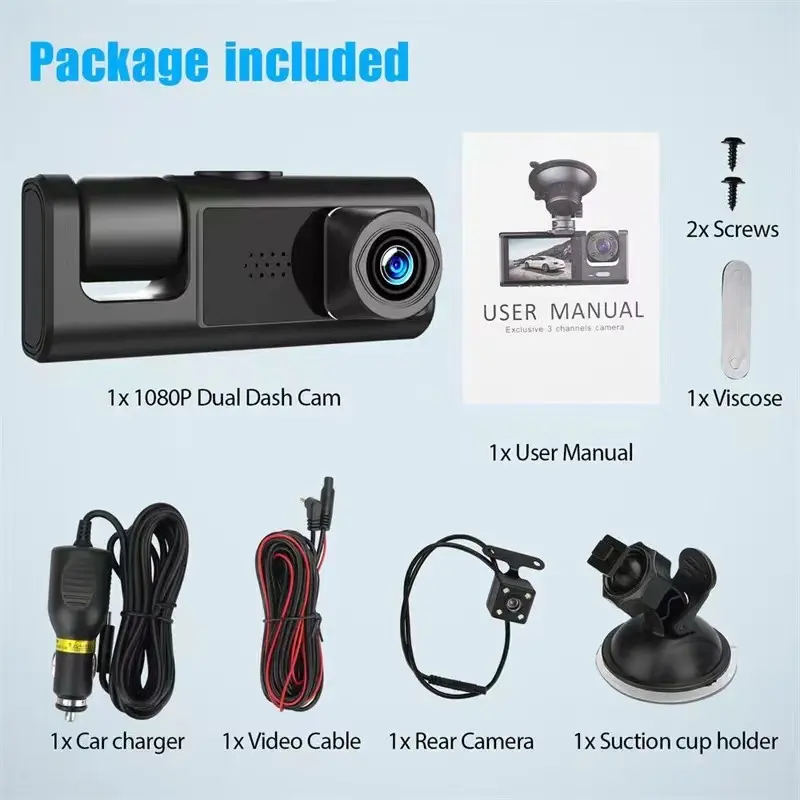 Full HD 3 in 1 Advanced Dash Camera (Front, Inside and Rear) View Camera 1296P Dash Cam for Cars WiFi Car DVR Camera for Vehicle Video Recorder Dual Lens Dashcam Black Box Traffic 24H Parking Monitor