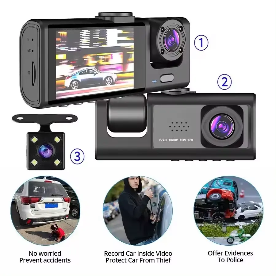 Full HD 3 in 1 Advanced Dash Camera (Front, Inside and Rear) View Camera 1296P Dash Cam for Cars WiFi Car DVR Camera for Vehicle Video Recorder Dual Lens Dashcam Black Box Traffic 24H Parking Monitor