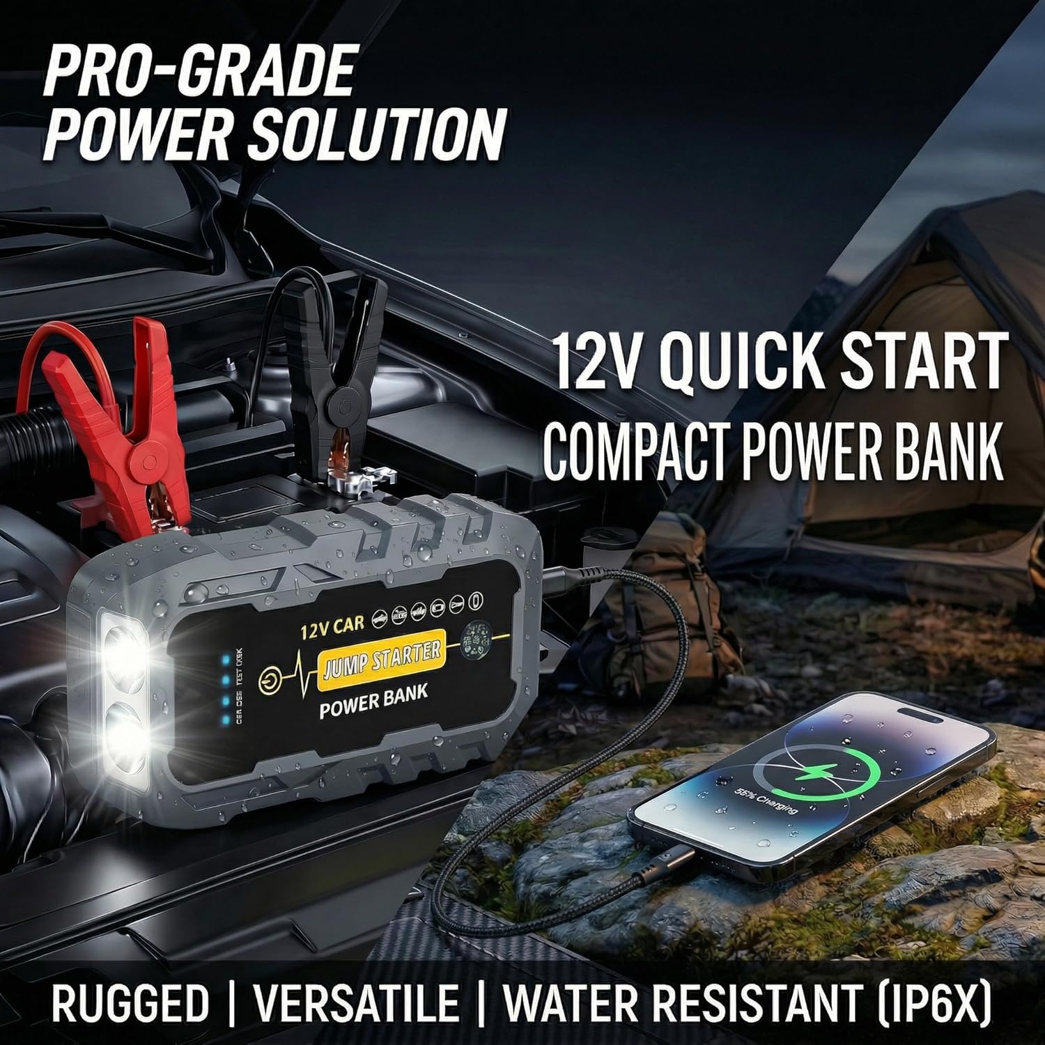 Car Battery Jump Starter, 3000A Peak Car Jumper Starter Battery Pack with Power Bank, LED Light, SOS Light, LED display, Compass, Jumper Cables for Up for Car, Trucks, SUVs, Motorcycle, Bike, Balloon