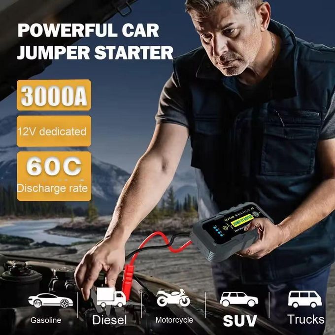 Car Battery Jump Starter, 3000A Peak Car Jumper Starter Battery Pack with Power Bank, LED Light, SOS Light, LED display, Compass, Jumper Cables for Up for Car, Trucks, SUVs, Motorcycle, Bike, Balloon
