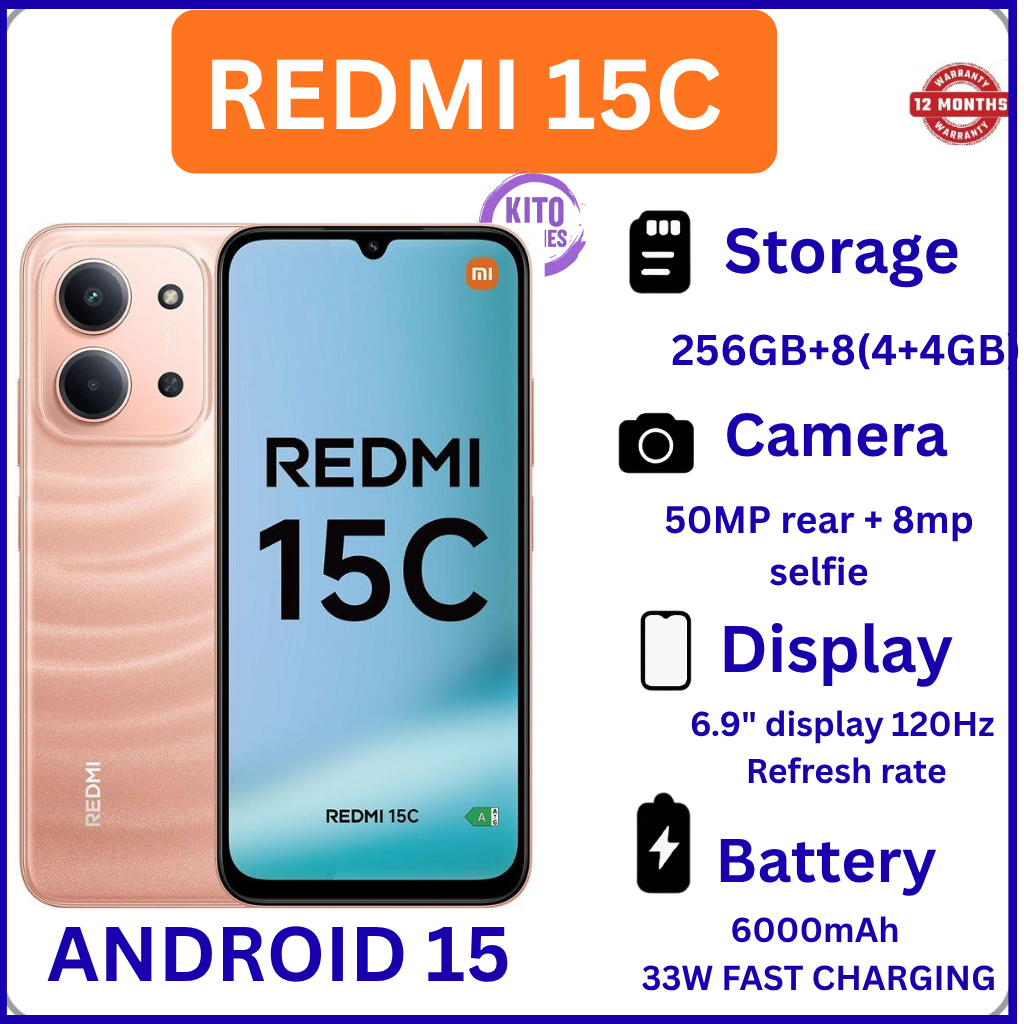 (NEW ARRIVAL!!)REDMI 15C 256GB Storage 8GB (4+4) EXTENDED Ram 6.9'' LCD 50MP Main Camera +8MP SELFIE 6000mAh BATTERY CAPACITY 33W Fast Charger Android 15 Xiaomi Hyper OS 2 Side Fingerprint Smartphones