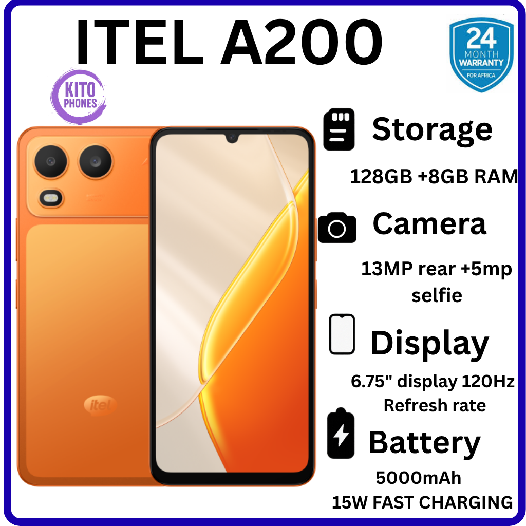 !!BRAND NEW ITEL A200 128GB ROM+8GB(3+5GB) EXTENDED RAM 6.75" Dual SIM 4G Network 13MP Camera+ 5MP SELFIE 15W Charging 5000mAh Battery Android 15 Fingerprint Unlock Smart Phones