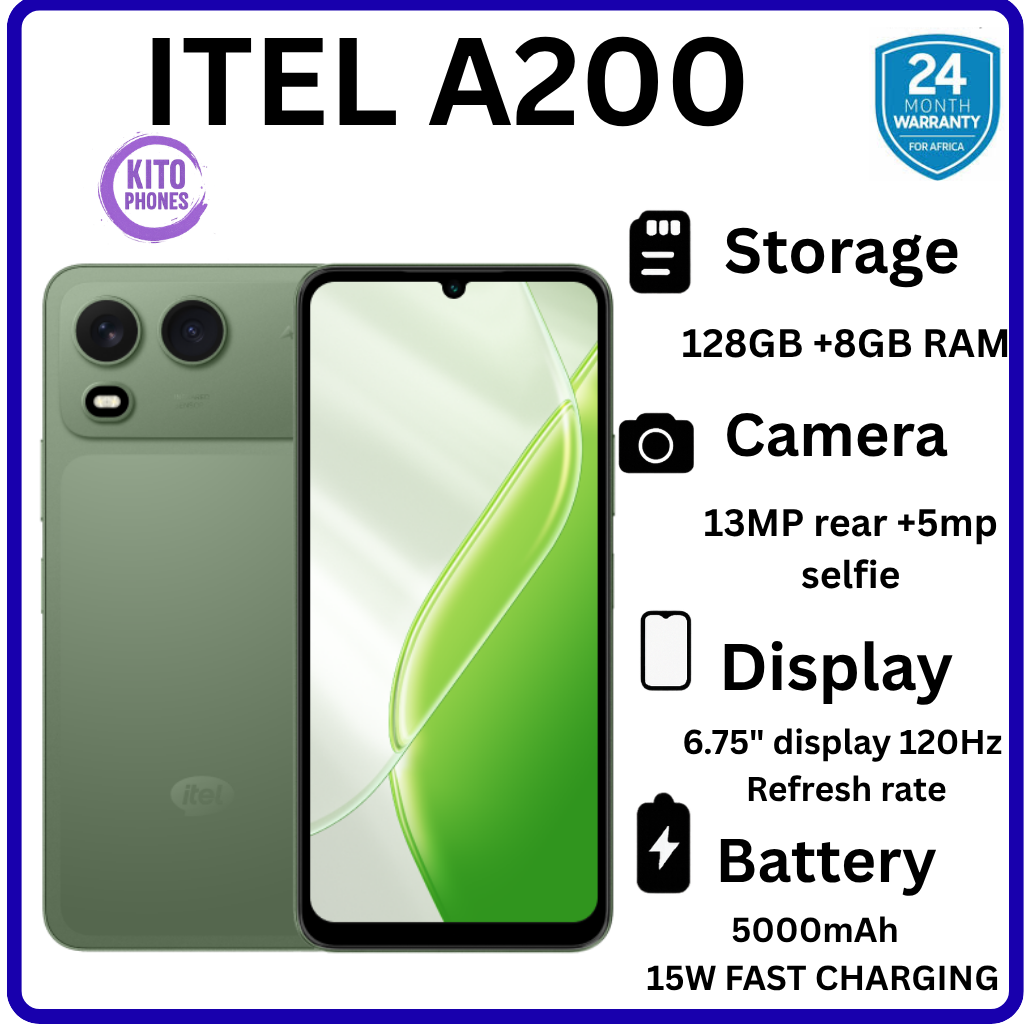 !!BRAND NEW ITEL A200 128GB ROM+8GB(3+5GB) EXTENDED RAM 6.75" Dual SIM 4G Network 13MP Camera+ 5MP SELFIE 15W Charging 5000mAh Battery Android 15 Fingerprint Unlock Smart Phones