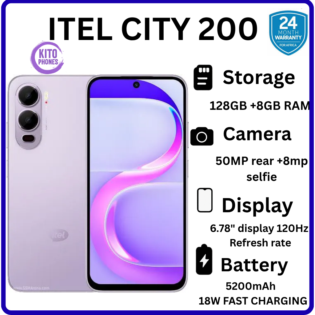 BRAND NEW itel CITY 200 128GB ROM+8GB(4+4GB) EXTENDED RAM 6.78" Dual SIM 4G Network 50MP Camera+ 8MP SELFIE 18W Charging 5200mAh Battery Android 15 Fingerprint Unlock Smart Phones +FREE