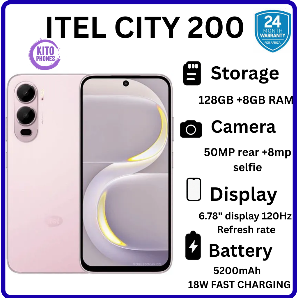 BRAND NEW itel CITY 200 128GB ROM+8GB(4+4GB) EXTENDED RAM 6.78" Dual SIM 4G Network 50MP Camera+ 8MP SELFIE 18W Charging 5200mAh Battery Android 15 Fingerprint Unlock Smart Phones +FREE