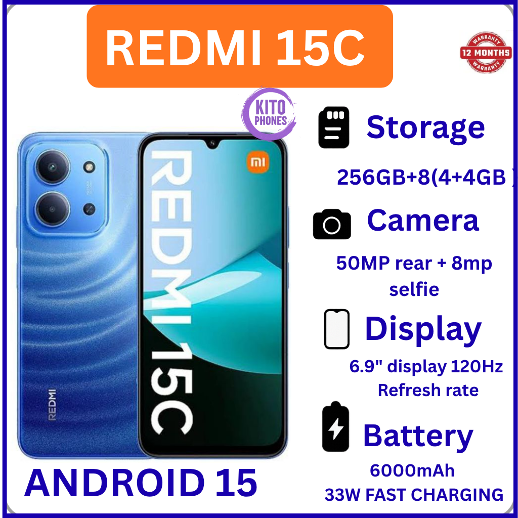(NEW ARRIVAL!!)REDMI 15C 256GB Storage 8GB (4+4) EXTENDED Ram 6.9'' LCD 50MP Main Camera +8MP SELFIE 6000mAh BATTERY CAPACITY 33W Fast Charger Android 15 Xiaomi Hyper OS 2 Side Fingerprint Smartphones