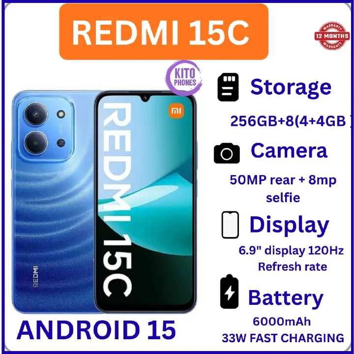 (NEW ARRIVAL!!)REDMI 15C 256GB Storage 8GB (4+4) EXTENDED Ram 6.9'' LCD 50MP Main Camera +8MP SELFIE 6000mAh BATTERY CAPACITY 33W Fast Charger Android 15 Xiaomi Hyper OS 2 Side Fingerprint Smartphones