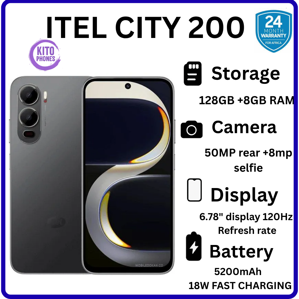 BRAND NEW itel CITY 200 128GB ROM+8GB(4+4GB) EXTENDED RAM 6.78" Dual SIM 4G Network 50MP Camera+ 8MP SELFIE 18W Charging 5200mAh Battery Android 15 Fingerprint Unlock Smart Phones +FREE