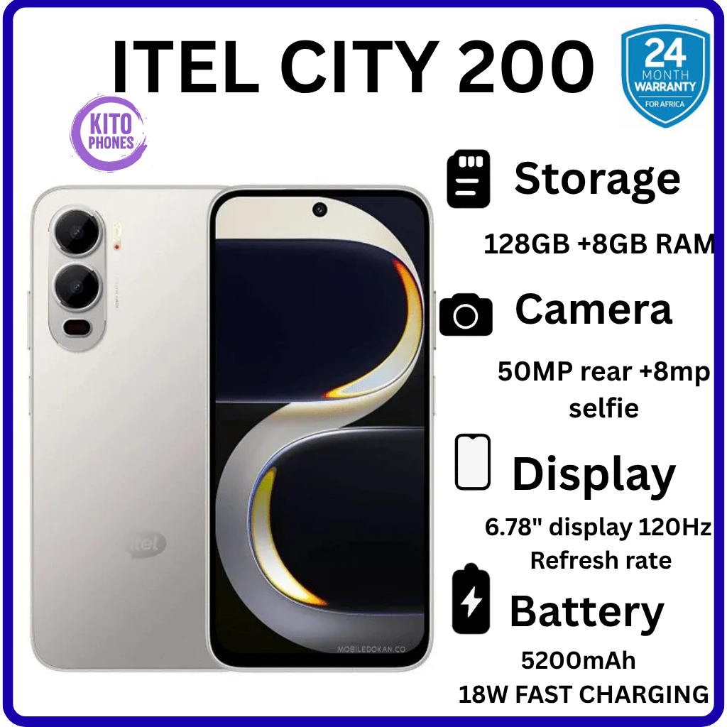 BRAND NEW itel CITY 200 128GB ROM+8GB(4+4GB) EXTENDED RAM 6.78" Dual SIM 4G Network 50MP Camera+ 8MP SELFIE 18W Charging 5200mAh Battery Android 15 Fingerprint Unlock Smart Phones +FREE