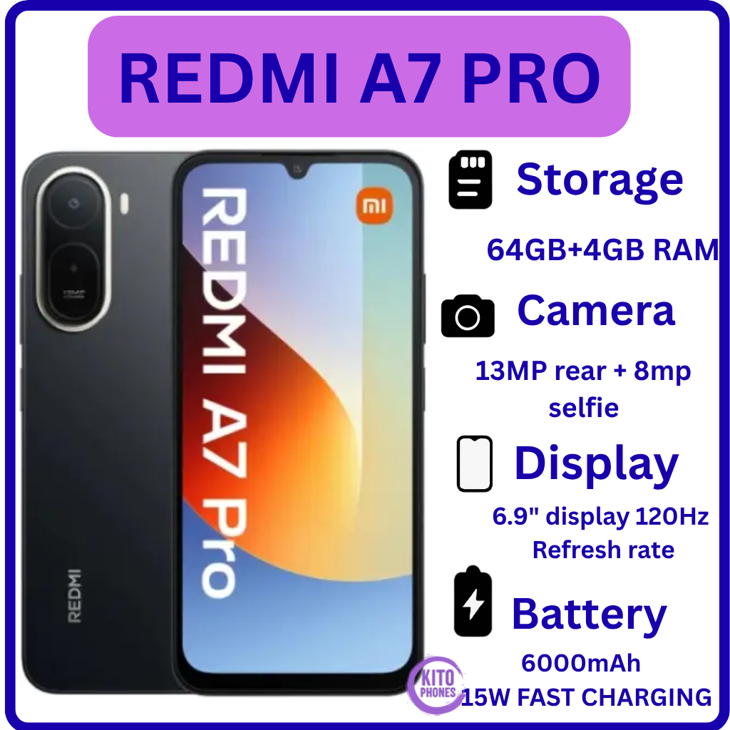 !!BRAND NEW XIAOMI REDMI A7 PRO, 4GB RAM + 64GB ROM STORAGE, 6.9" SCREEN SIZE 13MP CAMERA+8MP SELFIE 6000mAh BATTERY, ANDROID 16, IPS LCD, 120Hz, Unisoc T7250,