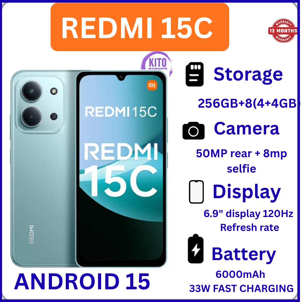 (NEW ARRIVAL!!)REDMI 15C 256GB Storage 8GB (4+4) EXTENDED Ram 6.9'' LCD 50MP Main Camera +8MP SELFIE 6000mAh BATTERY CAPACITY 33W Fast Charger Android 15 Xiaomi Hyper OS 2 Side Fingerprint Smartphones