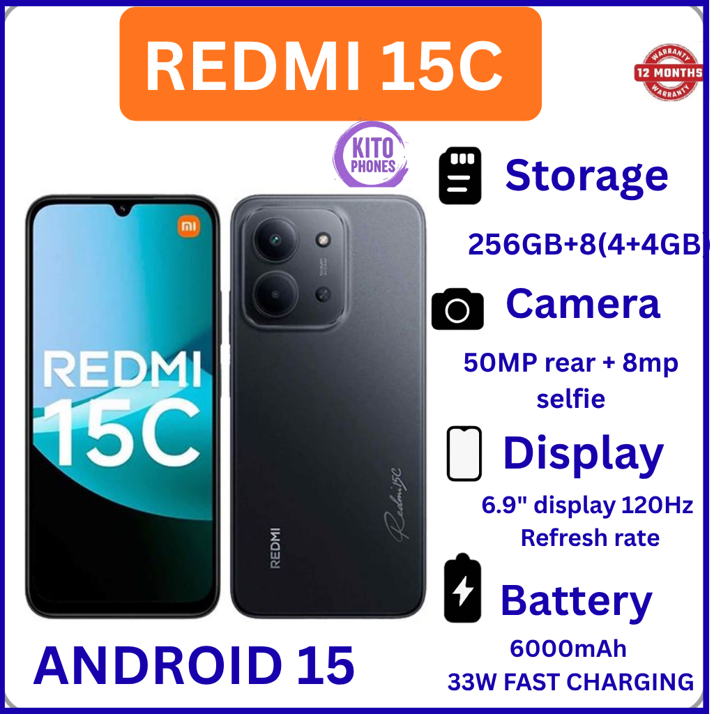 (NEW ARRIVAL!!)REDMI 15C 256GB Storage 8GB (4+4) EXTENDED Ram 6.9'' LCD 50MP Main Camera +8MP SELFIE 6000mAh BATTERY CAPACITY 33W Fast Charger Android 15 Xiaomi Hyper OS 2 Side Fingerprint Smartphones
