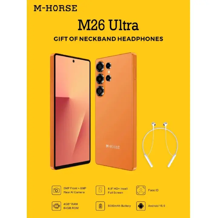 LATEST MODEL!! M HORSE M26 ULTRA , 6.8 HD+ Incell Screen, 5MP + 8MP REAR AI CAMERA,, 4GB RAM+ 64GB ROM , WITH FREE ORIGINAL NECKBAND HEADPHONES, PROTECTOR, COVER, DUAL SIM, 5000MAH BATTERY SMARTPHONE