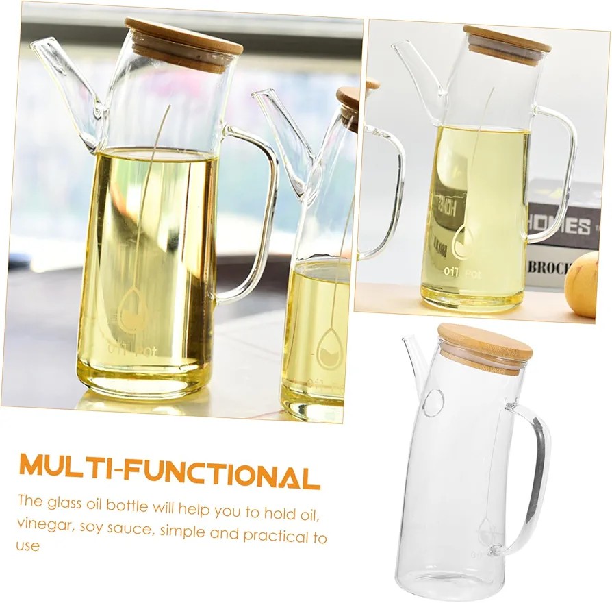 700ml Multipurpose curved oil Jar, perfect for oil, vinegar, soy sauce, etc. The curved glass oil dispenser can  be used in a bar, cafe shop, hotel, restaurant. The elegant appearance is a wonderful a