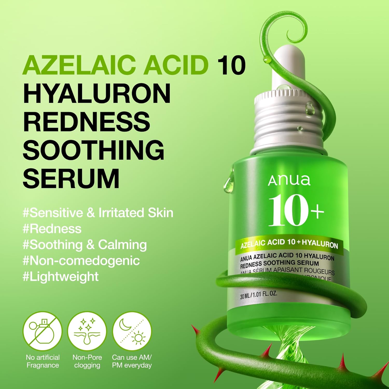 Anua Azelaic Acid 10 Hyaluron Redness Soothing Serum. target persistent skin redness, acne, stubborn post-blemish dark spots, active breakouts, and uneven skin texture.