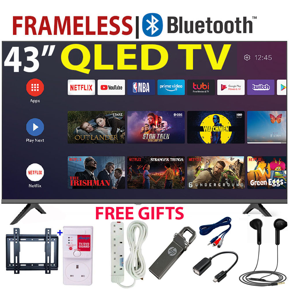 VITRON 43" INCH QLED TELEVISION  HTC4300QFS BLUETOOTH ENABLED, FRAMELESS, FHD SMART ANDROID 14.0  & DGITAL TV,NETFLIX, YouTube, Inbuilt Decoder 2*USB&3*HDMI Ports,APPSTORE 1 YEAR WARRANTY+7 FREE GIFTS