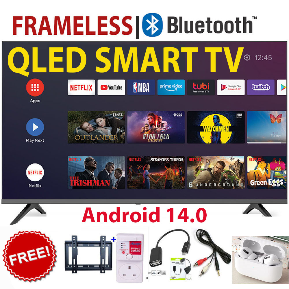 VITRON 43" INCH QLED SMART BLUETOOTH-ENABLED TV , FRAMELESS- FHD1080P,SMART TV ANDROID 14 TV NETFLIX ,YOUTUBE TELEVISION INBUILT DECODER,BUILT-IN WIFI+FREE WALL BRACKET+TV GUARD+EARPODS+RCA&OTG CABLE