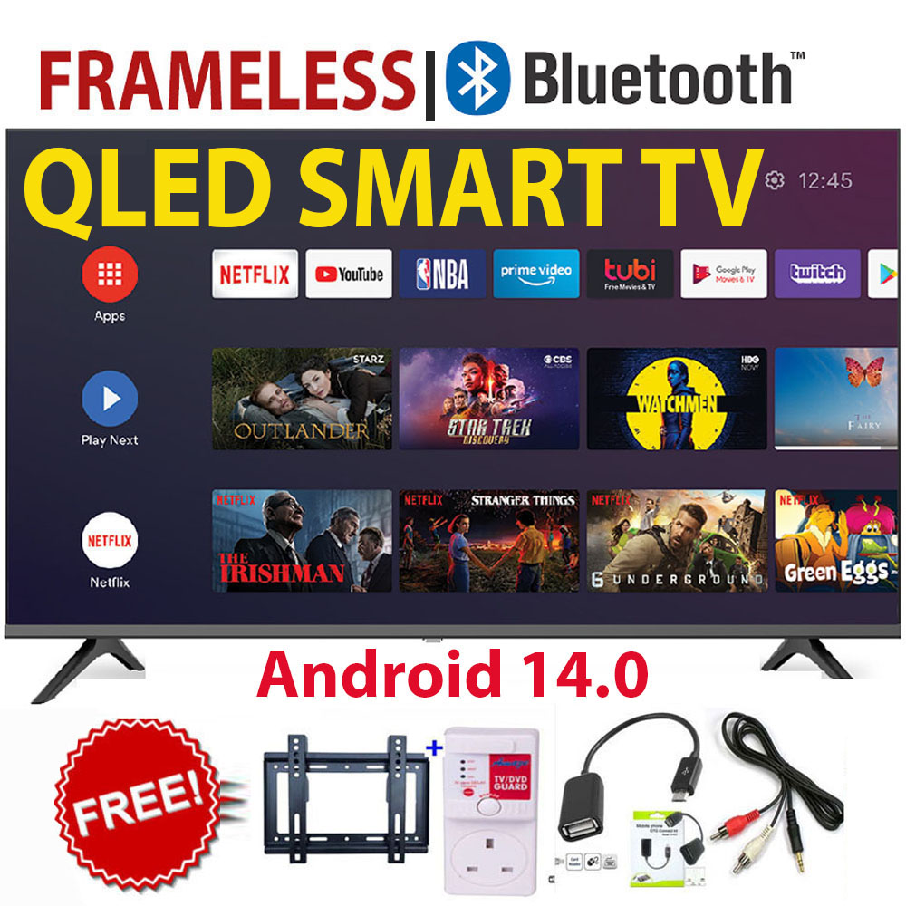 VITRON 43" INCH QLED FRAMELESS,BLUETOOTH FULL- HD SMART TV ANDROID TV NETFLIX ,YOUTUBE TELEVISION INBUILT DECODER , BUILT-IN WIFI, APP STORE 1GB-RAM 8GB-ROM 2*USB PORTS,3*HDMI+FREE 4 GIFTS