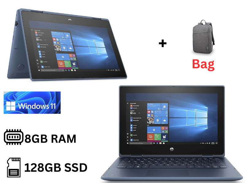 Refurbished HP ProBook x360 11 G5 EE, 9th generation 8GB RAM 128GB, Intel Pentium Silver 11.6 inches Touchscreen windows 11 pro, HDMI, Camera, WIFI, 2 in 1 Laptop Blue +Bag