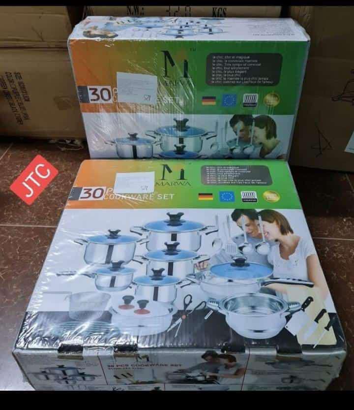 👌🤑 Get The Best Quality 👌🤑 Marwa 30pcs Premium German quality Stainless Steel Cookware Sets Pot Sufuria with Glass Lids.Easy to clean
Main Material: Stainless steel with non-stick coating
Durable