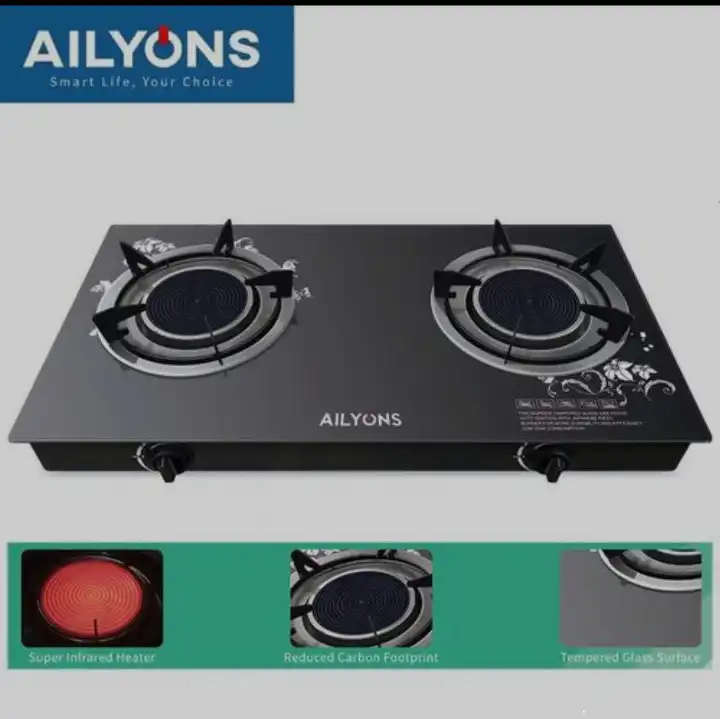Ailyons Infrared Glass Top Double Burner Gas Cooker Tempered Glass 2 Burner Table Top Stove Auto Ignition Energy Saving Infrared Technology Durable Brass Burners Fast Efficient Cooking Home Use
