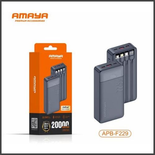 Amaya APB-F229 20000mAh Power Bank 22.5W Fast Charging Built-in 4 Cables USB-C LED Display Portable Charger for Android iPhone Travel Backup Battery