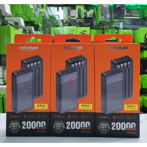 Amaya APB-F229 20000mAh Power Bank 22.5W Fast Charging Built-in 4 Cables USB-C LED Display Portable Charger for Android iPhone Travel Backup Battery