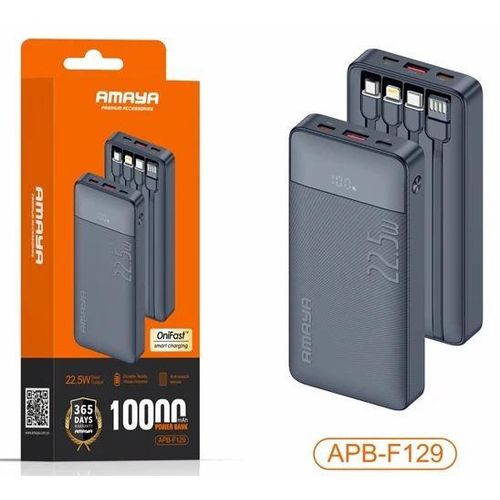 Amaya APB-F129 10000mAh Power Bank 22.5W Fast Charging Built-in 4 Cables USB-C LED Display Portable Charger for Android iPhone Travel Backup Battery