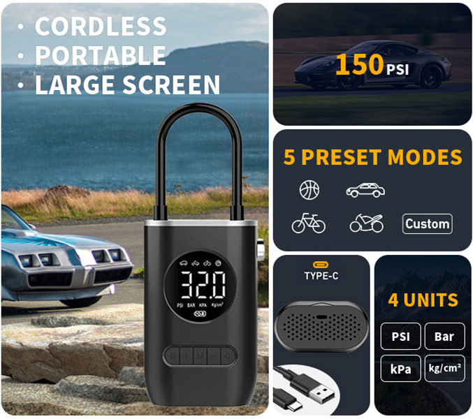 Portable Electric Tire Inflator – Wireless Mini Car Air Pump with Self-Propelled Inflation & Rechargeable Battery its self-propelled inflation technology, it quickly pumps air into your tires, balls.