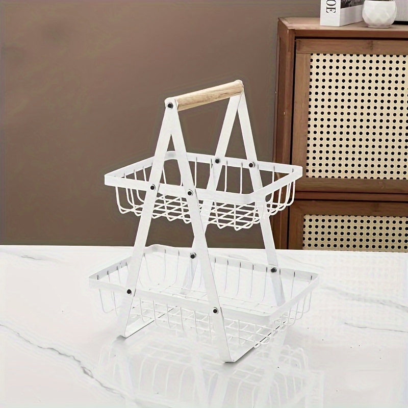 Nordic Fruit Rack, Upgraded Large 2 Tier Fruit Basket for Kitchen Countertop Organizer, Portable Metal Wire Fruit Bowl Vegetable Storage Basket Tiered Fruit Stand Holder with Wooden Handle