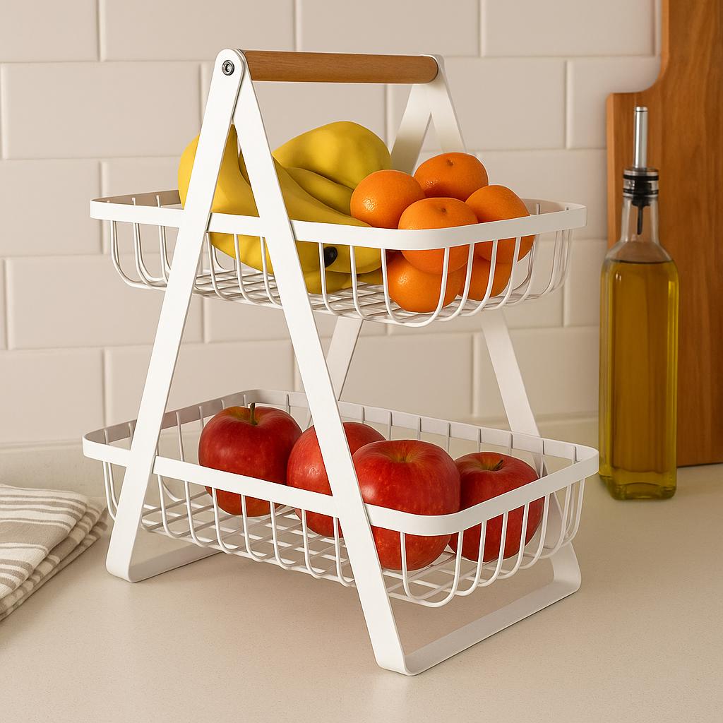 Nordic Fruit Rack, Upgraded Large 2 Tier Fruit Basket for Kitchen Countertop Organizer, Portable Metal Wire Fruit Bowl Vegetable Storage Basket Tiered Fruit Stand Holder with Wooden Handle