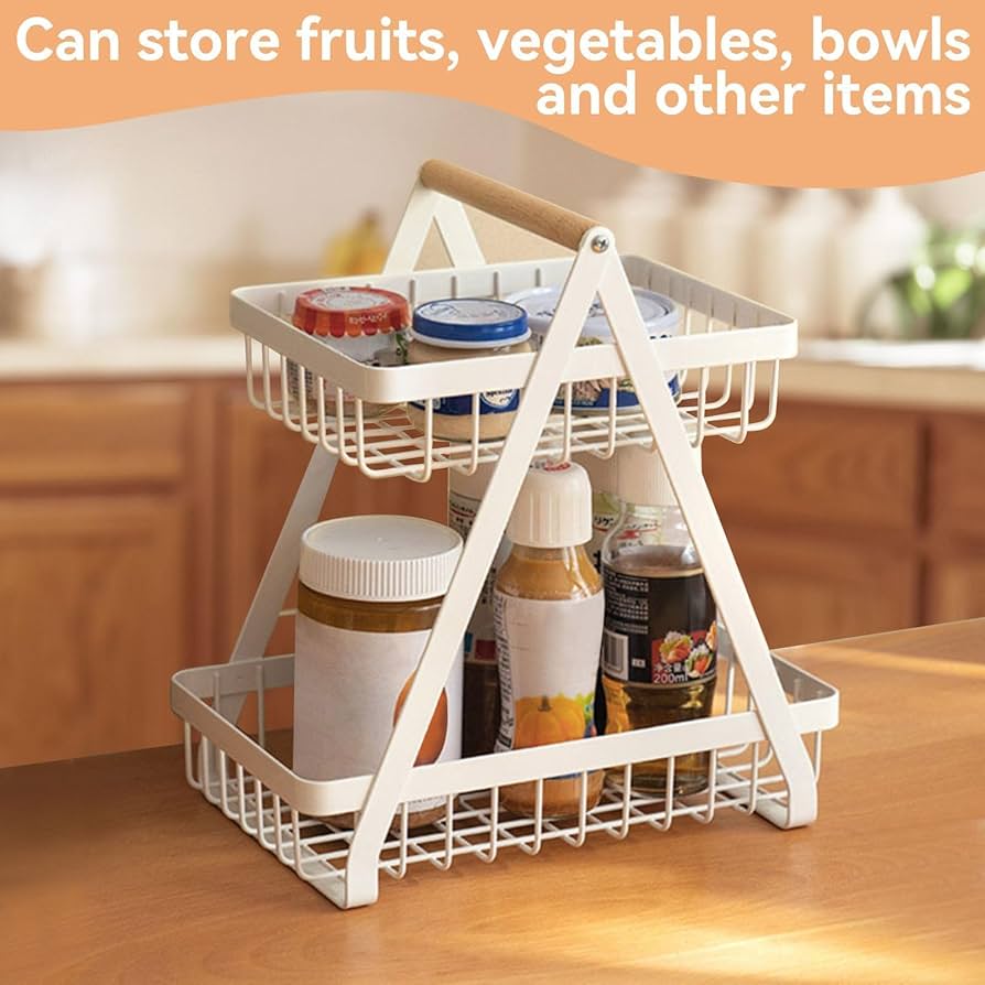 Nordic Fruit Rack, Upgraded Large 2 Tier Fruit Basket for Kitchen Countertop Organizer, Portable Metal Wire Fruit Bowl Vegetable Storage Basket Tiered Fruit Stand Holder with Wooden Handle