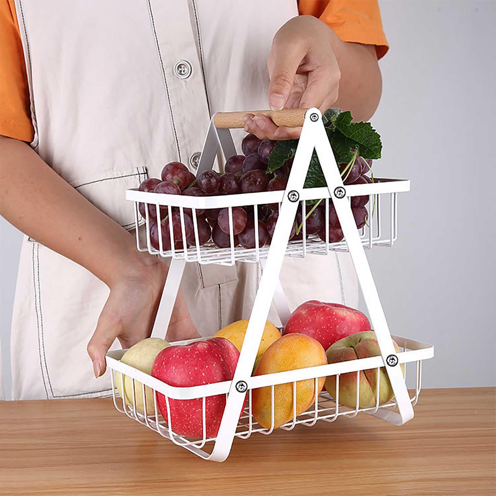 Nordic Fruit Rack, Upgraded Large 2 Tier Fruit Basket for Kitchen Countertop Organizer, Portable Metal Wire Fruit Bowl Vegetable Storage Basket Tiered Fruit Stand Holder with Wooden Handle