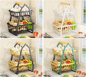 Nordic Fruit Rack, Upgraded Large 2 Tier Fruit Basket for Kitchen Countertop Organizer, Portable Metal Wire Fruit Bowl Vegetable Storage Basket Tiered Fruit Stand Holder with Wooden Handle