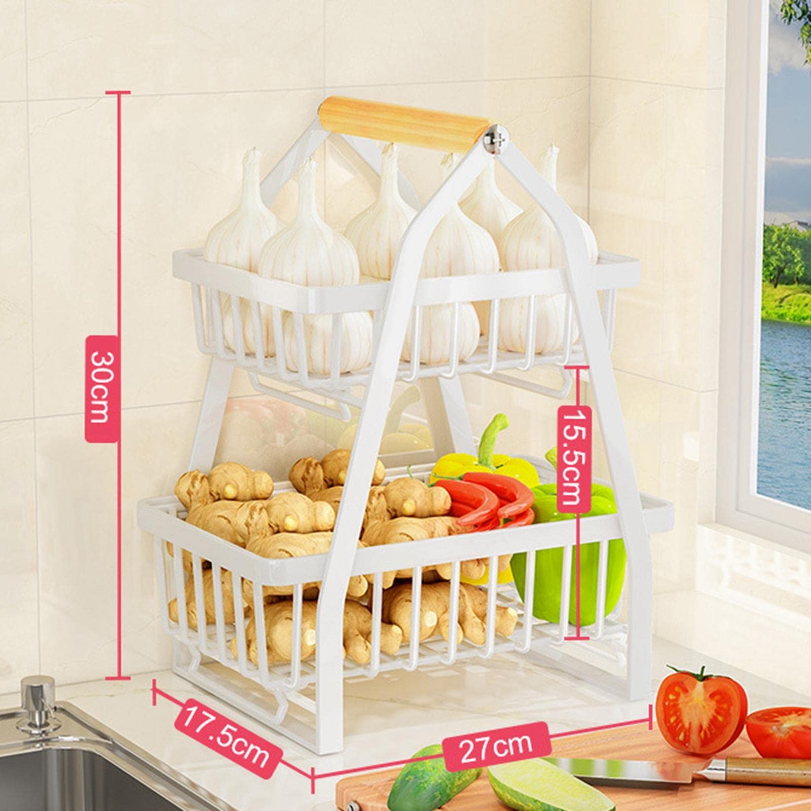 Nordic Fruit Rack, Upgraded Large 2 Tier Fruit Basket for Kitchen Countertop Organizer, Portable Metal Wire Fruit Bowl Vegetable Storage Basket Tiered Fruit Stand Holder with Wooden Handle