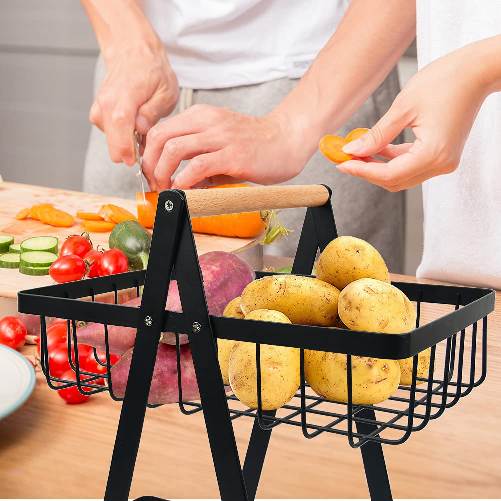 Nordic Fruit Rack, Upgraded Large 2 Tier Fruit Basket for Kitchen Countertop Organizer, Portable Metal Wire Fruit Bowl Vegetable Storage Basket Tiered Fruit Stand Holder with Wooden Handle