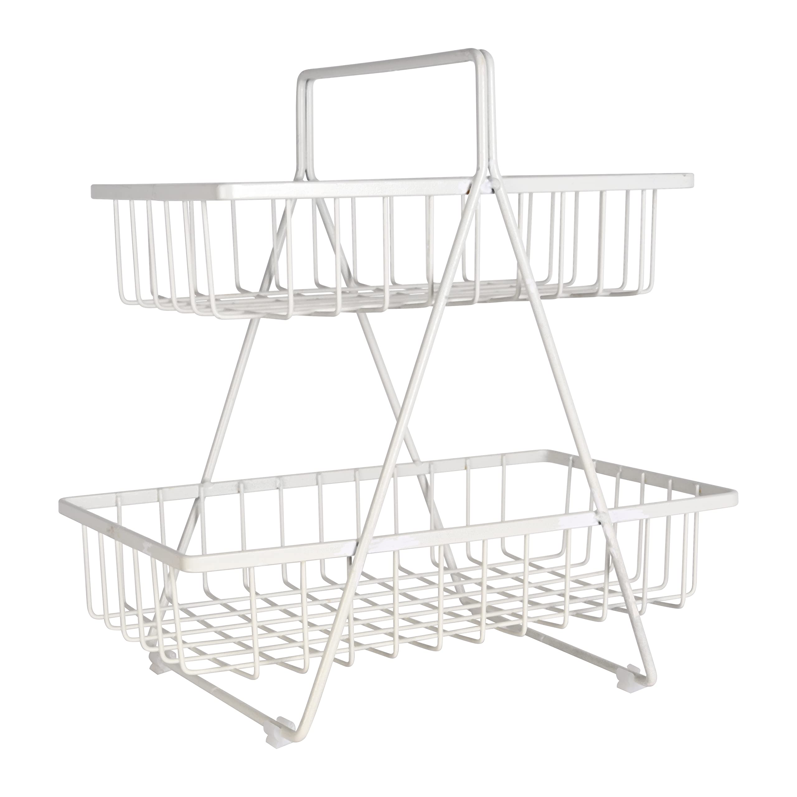 Nordic Fruit Rack, Upgraded Large 2 Tier Fruit Basket for Kitchen Countertop Organizer, Portable Metal Wire Fruit Bowl Vegetable Storage Basket Tiered Fruit Stand Holder with Wooden Handle