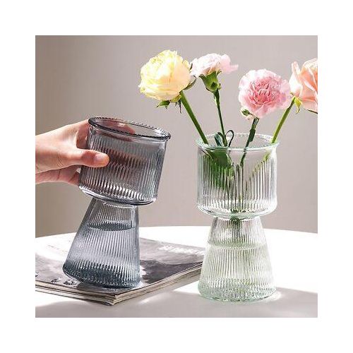 Ribbed Glass Flower Vase Modern Vase Home Decor for Centerpiece Table Living Room, Bedroom Size 19cm Height is designed for both functional use with fresh blooms and as a standalone decorative accent