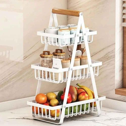 Nordic Fruit Rack, Upgraded Large 2 Tier Fruit Basket for Kitchen Countertop Organizer, Portable Metal Wire Fruit Bowl Vegetable Storage Basket Tiered Fruit Stand Holder with Wooden Handle