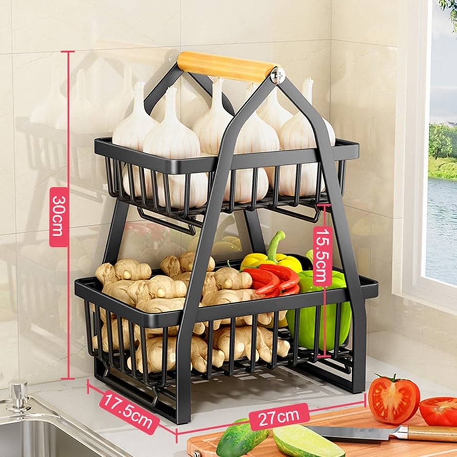 Nordic Fruit Rack, Upgraded Large 2 Tier Fruit Basket for Kitchen Countertop Organizer, Portable Metal Wire Fruit Bowl Vegetable Storage Basket Tiered Fruit Stand Holder with Wooden Handle