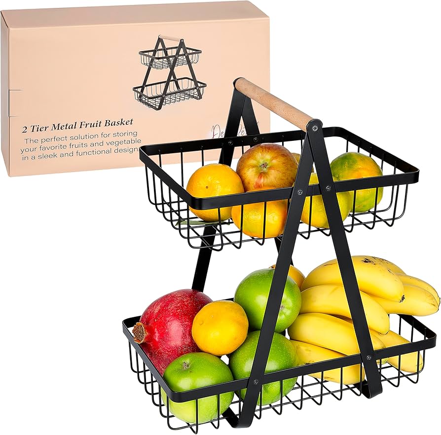 Nordic Fruit Rack, Upgraded Large 2 Tier Fruit Basket for Kitchen Countertop Organizer, Portable Metal Wire Fruit Bowl Vegetable Storage Basket Tiered Fruit Stand Holder with Wooden Handle
