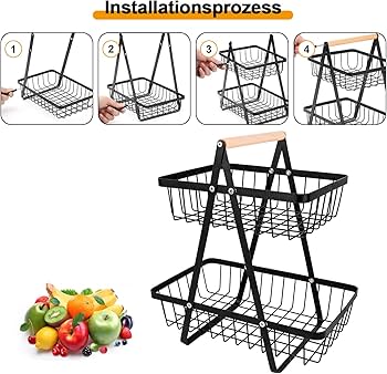 Nordic Fruit Rack, Upgraded Large 2 Tier Fruit Basket for Kitchen Countertop Organizer, Portable Metal Wire Fruit Bowl Vegetable Storage Basket Tiered Fruit Stand Holder with Wooden Handle