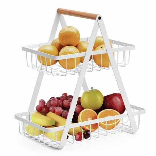Nordic Fruit Rack, Upgraded Large 2 Tier Fruit Basket for Kitchen Countertop Organizer, Portable Metal Wire Fruit Bowl Vegetable Storage Basket Tiered Fruit Stand Holder with Wooden Handle