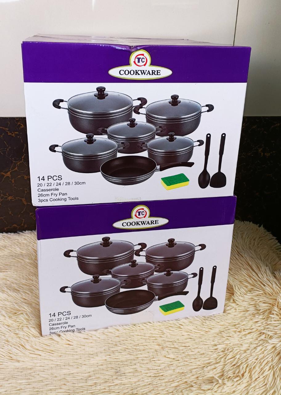 TC 14 Pieces Non-Stick Black Coated Cooking Pot/Sufuria with frying pan