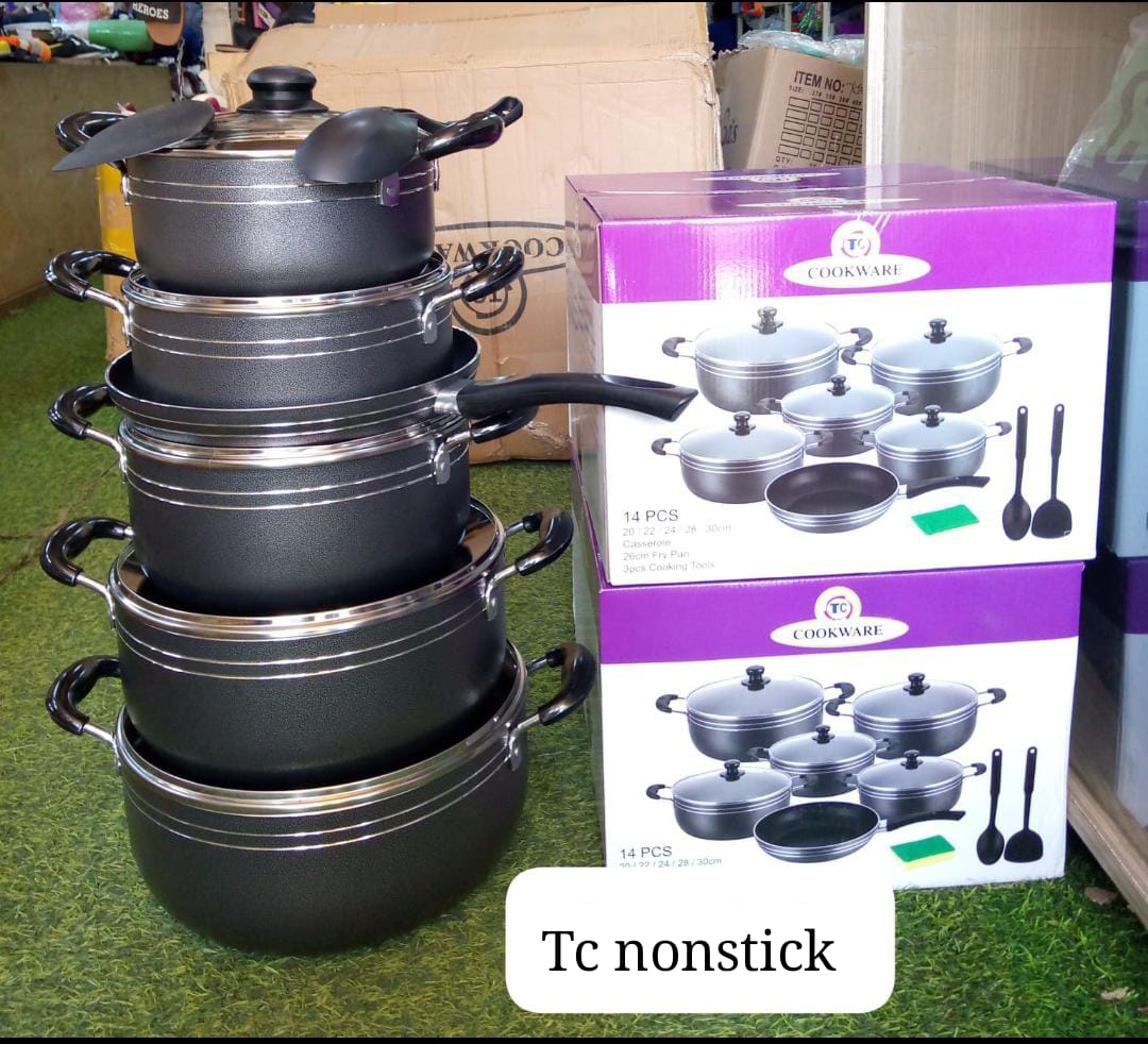TC 14 Pieces Non-Stick Black Coated Cooking Pot/Sufuria with frying pan