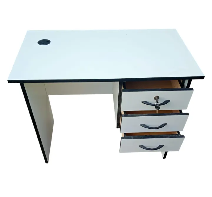 Office Desk 1 Metre White, Durable Home Office Workstation with 3 Drawers and Key Lock, Comfortable Modern Study & Writing Table for Laptop Use, Strong Stable Space-Saving Design for Home and Office