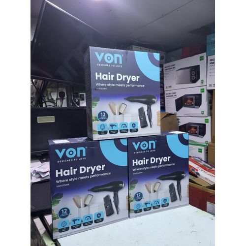 VON Professional Hair Dryer – Fast Drying – Multiple Heat & Speed Settings – Cool Shot Function – Ergonomic Design – Black