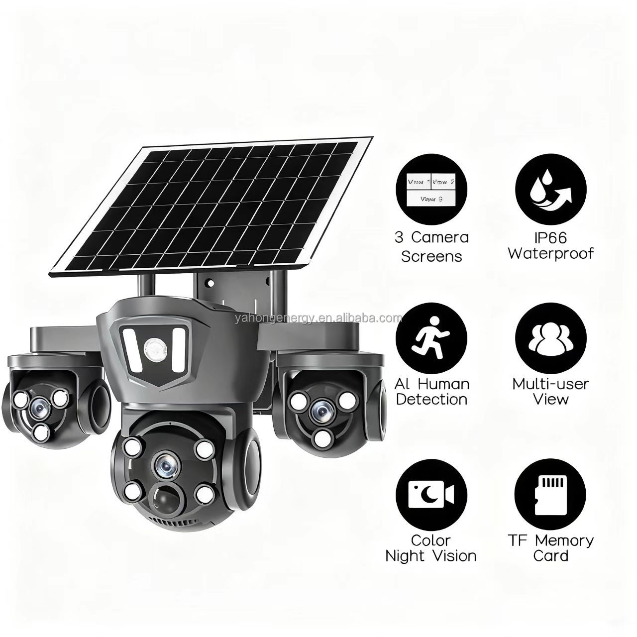 Solar CCTV camera 3 lens simcard solar cctv camera with motion detection,siren,360 rotation,waterproof,memory card slot,2way talking,phone viewing,easy to install 4G solar cctv outdoor camera 3 lenses